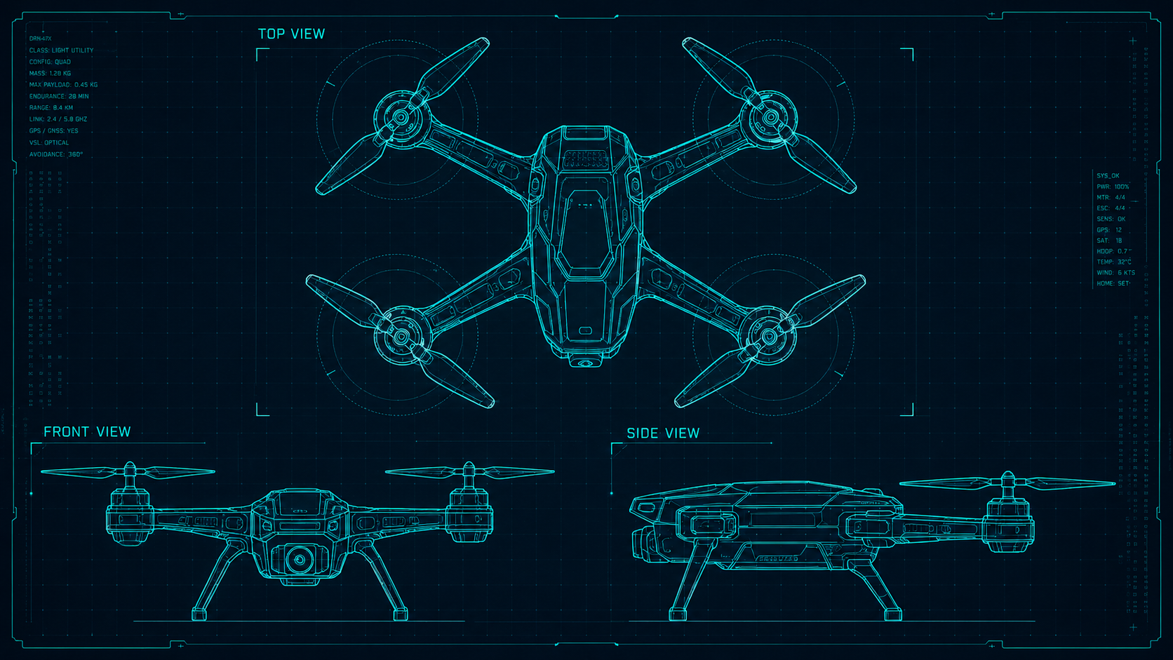 Technical drone blueprint with top, front, and side views