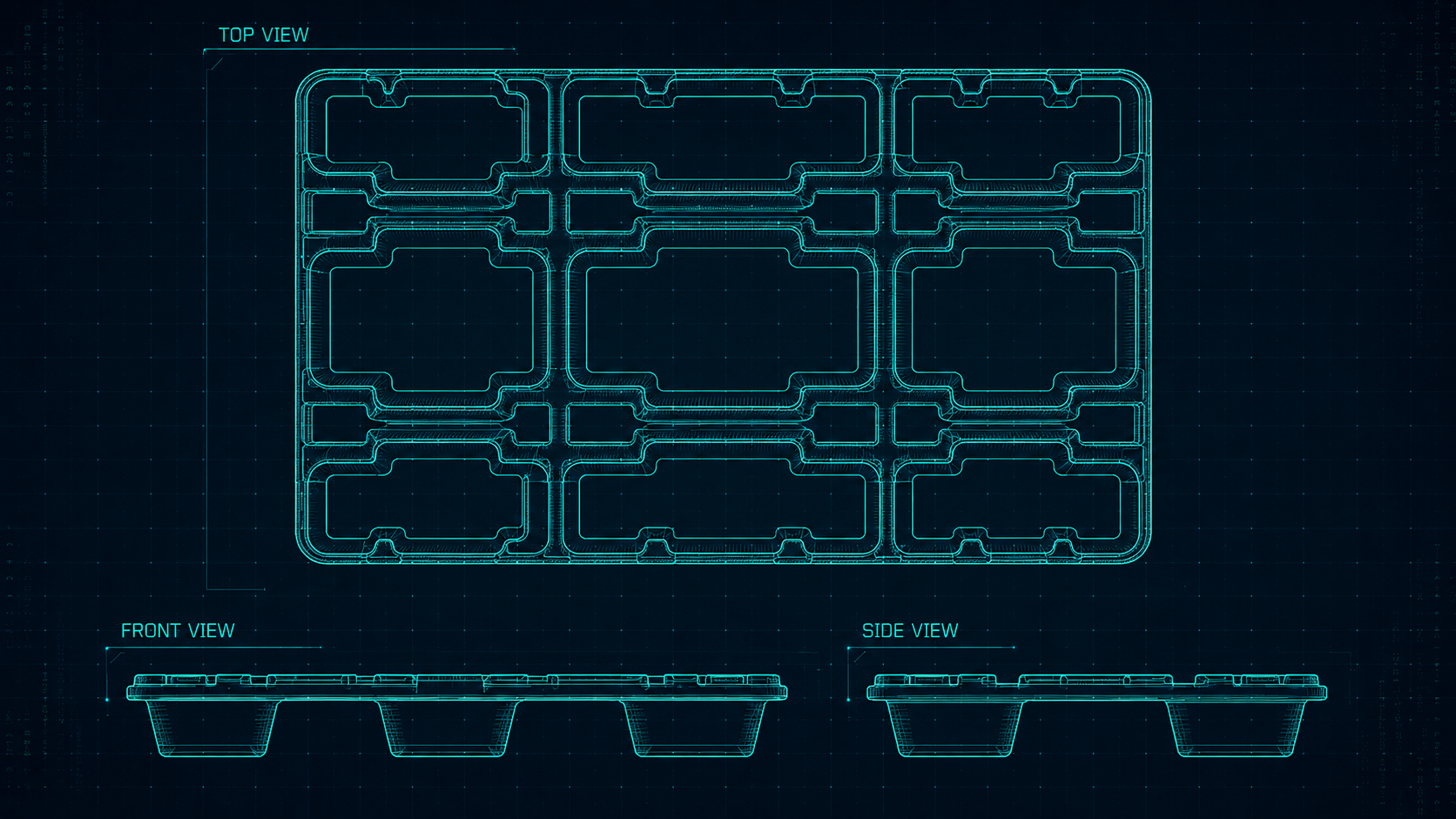 Technical pallet blueprint with top, front, and side views