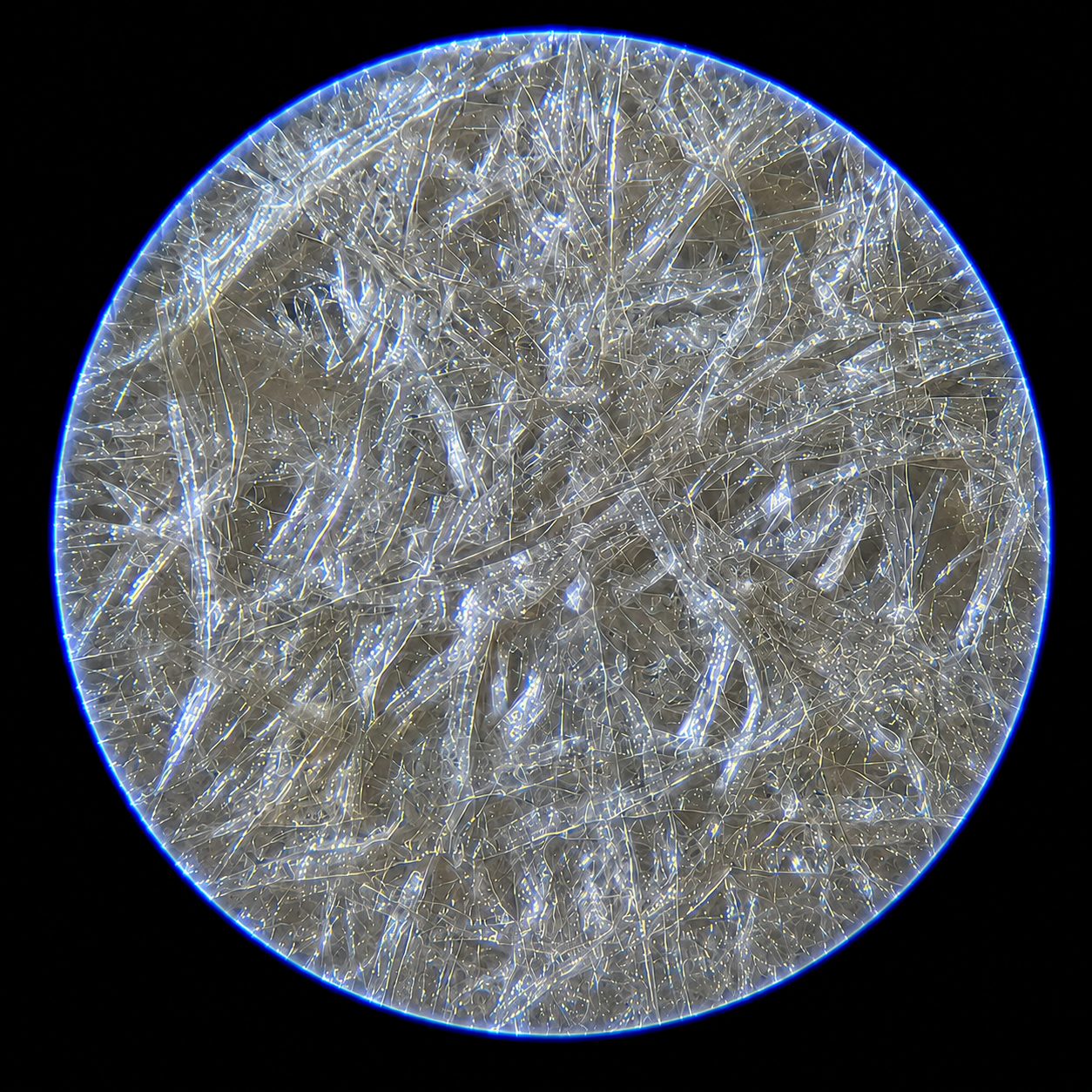 Circular micrograph-style close-up of natural fibers in a composite sample